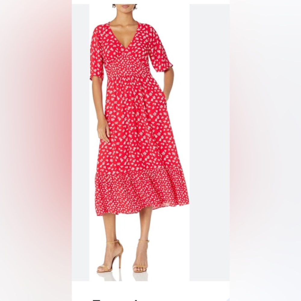 French Connection - Fayola Drape Midi Tea Dress Red Multi 12 UK, Size 8 US.